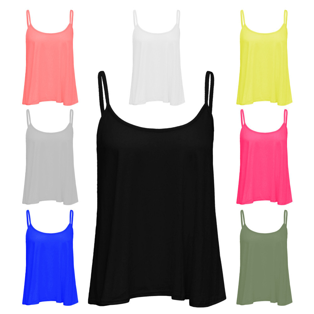 Womens Sleeveless Swing Vest Top Strappy Ladies Plain Cami Crop Top