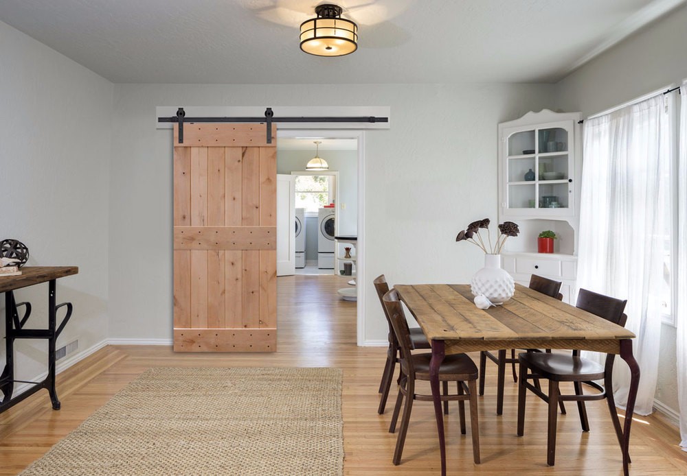Rustic Style Vertical Slat V-Groove Knotty Alder Interior Sliding Mid Bar Plank Barn Doors