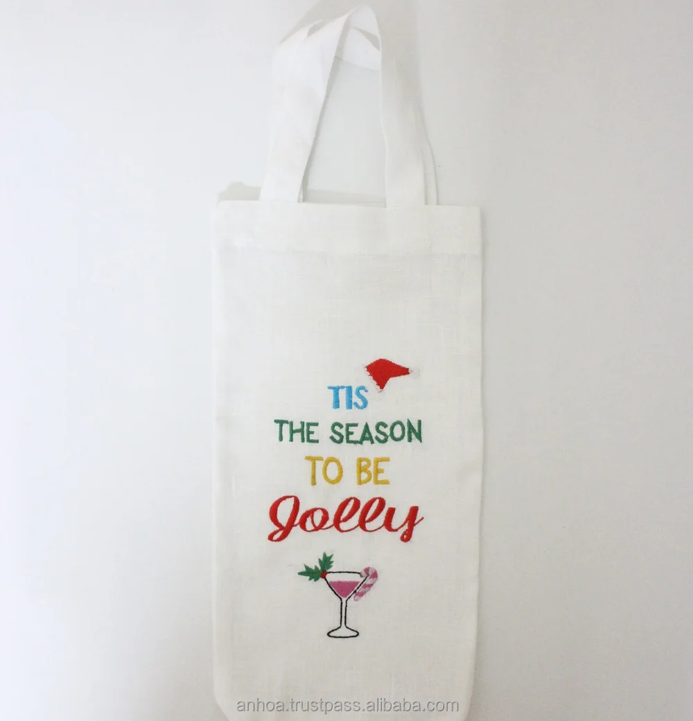 100% linen wine tote bag, Customized embroidered tote bags