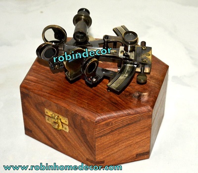 4/" BRASS MARITIME NAUTICAL ANTIQUE SEXTANT ASTROLABE NAVIGATIONAL W// WOODEN BOX