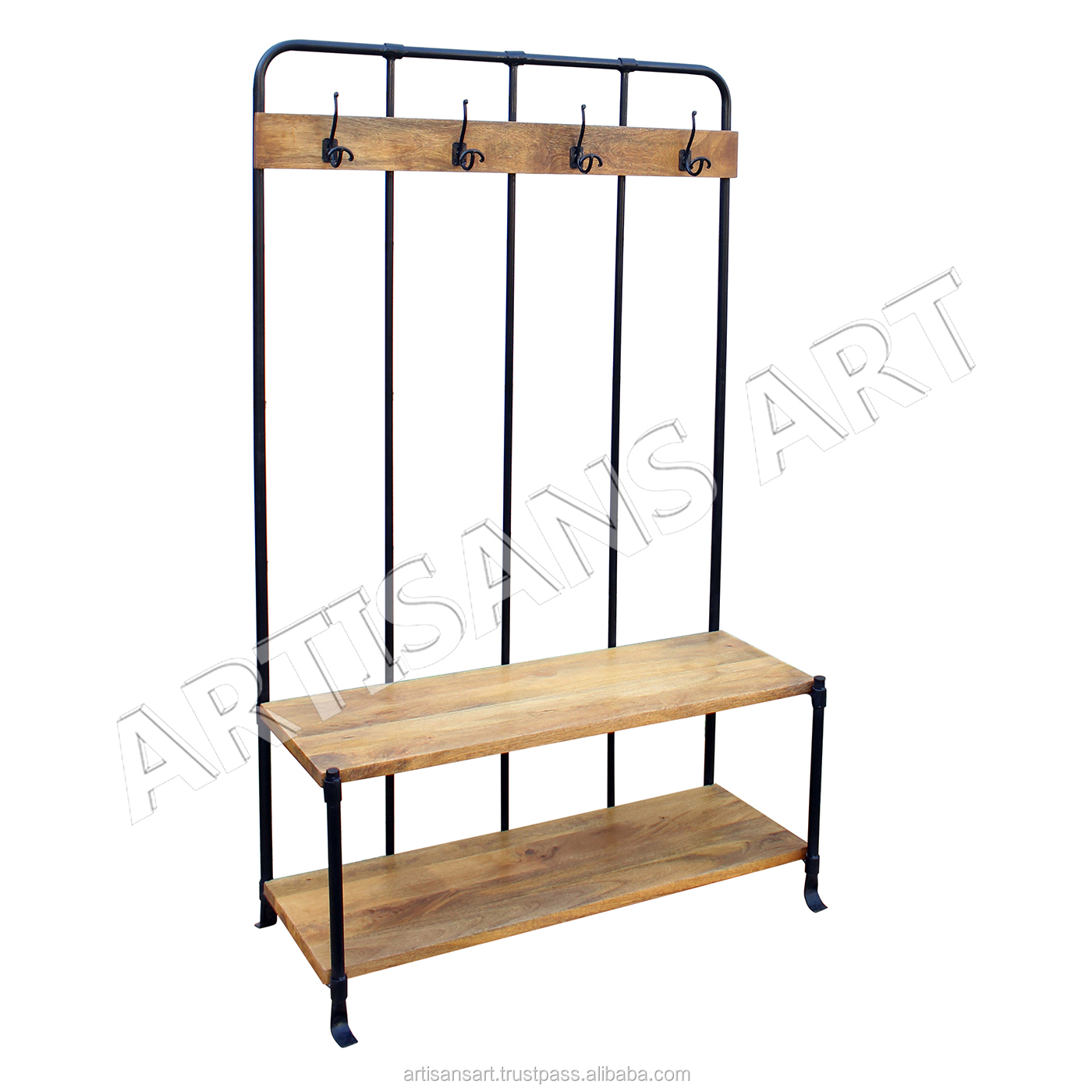 Vintage industrial clothes hanger with shoe stand on wheels rustic metal wood coat stand shoes rack home storage & organization