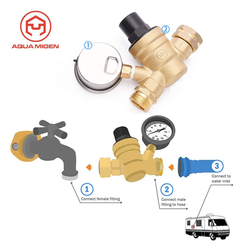 Beduan RV Water Pressure Regulator Valve - Adjustable Brass Pressure Reducer With Gauge & Filter