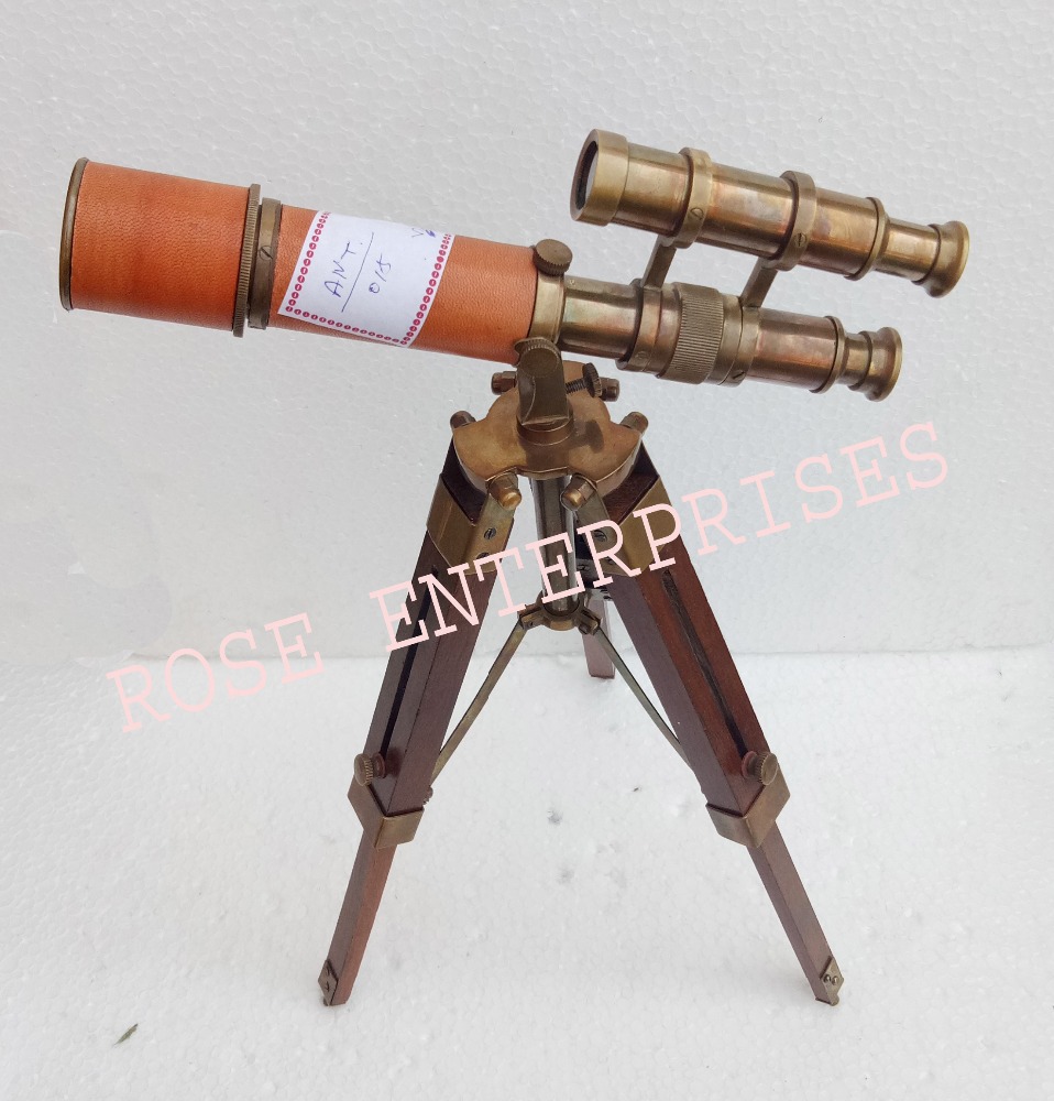 Antique Vintage Brass Telescope 18/" w// Wooden Tripod US Navy Marine Collectible