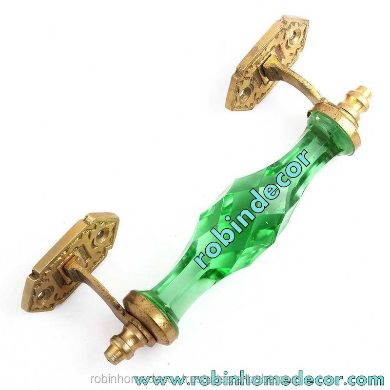 Antique Style Crystal Cut Glass Door Cabinet Handle Green Brass Puller Decor New