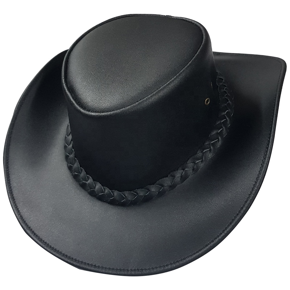 LEATHER COWBOY WESTERN AUSSIE STYLE BUSH HAT BLACK BROWN