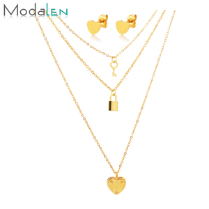 Modalen Heart Locket and Key Multi Layered Necklace Stainless Steel Jewelry Set