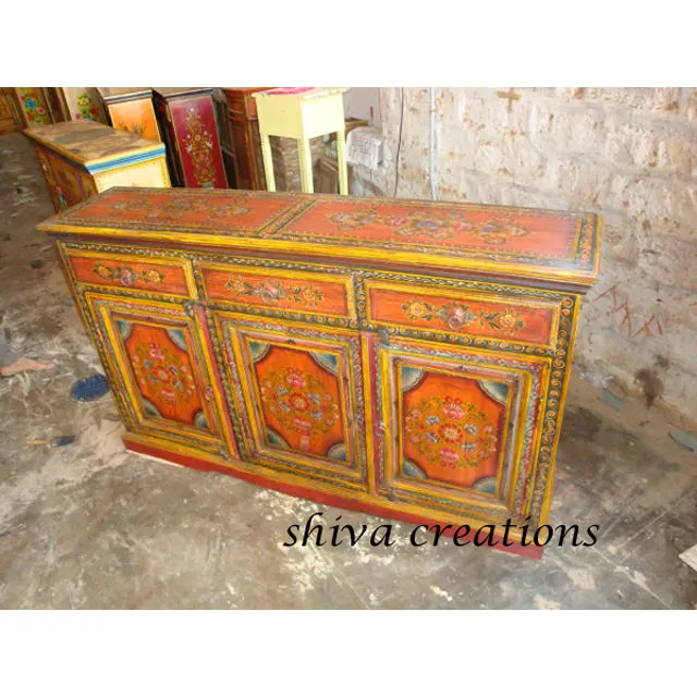 Traditional Hand Painted Wooden Sideboard Cabinet Indian Painted