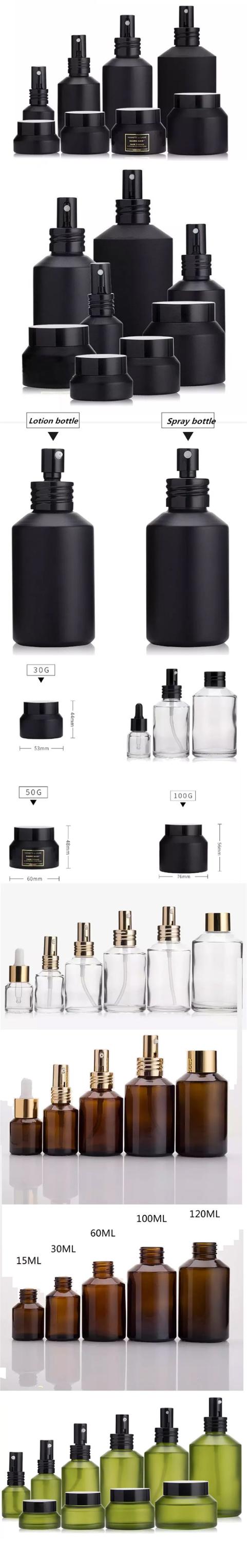 New Arrival Frosted Black Amber Cosmetic Packaging Lotion Glass Spray Bottles Set