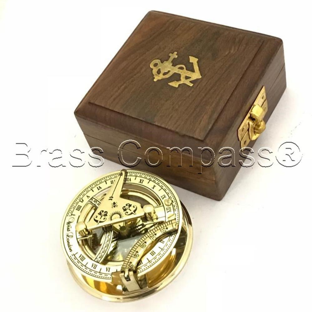 Brass 3/" Sundial Compass F.L West And West London Polish Finish W// Wooden Boxes