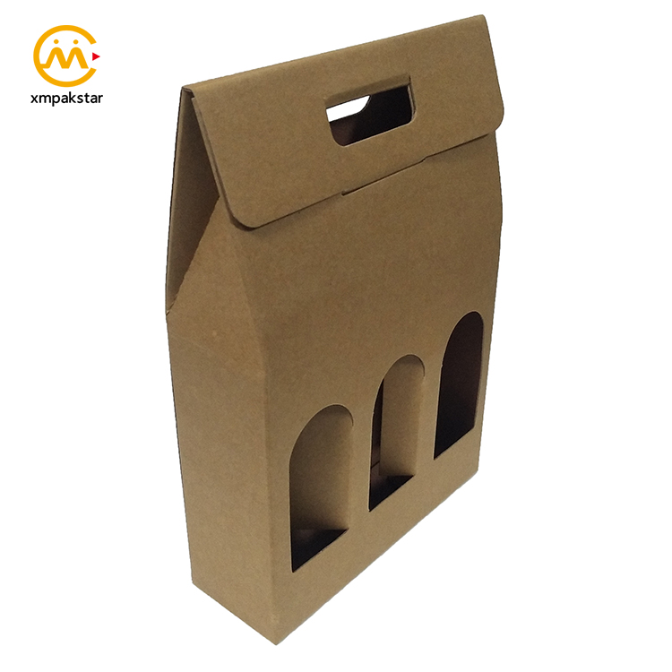 Eco friendly cardboard portable Kraft carton 3 bottle carrying wine packaging box with handle