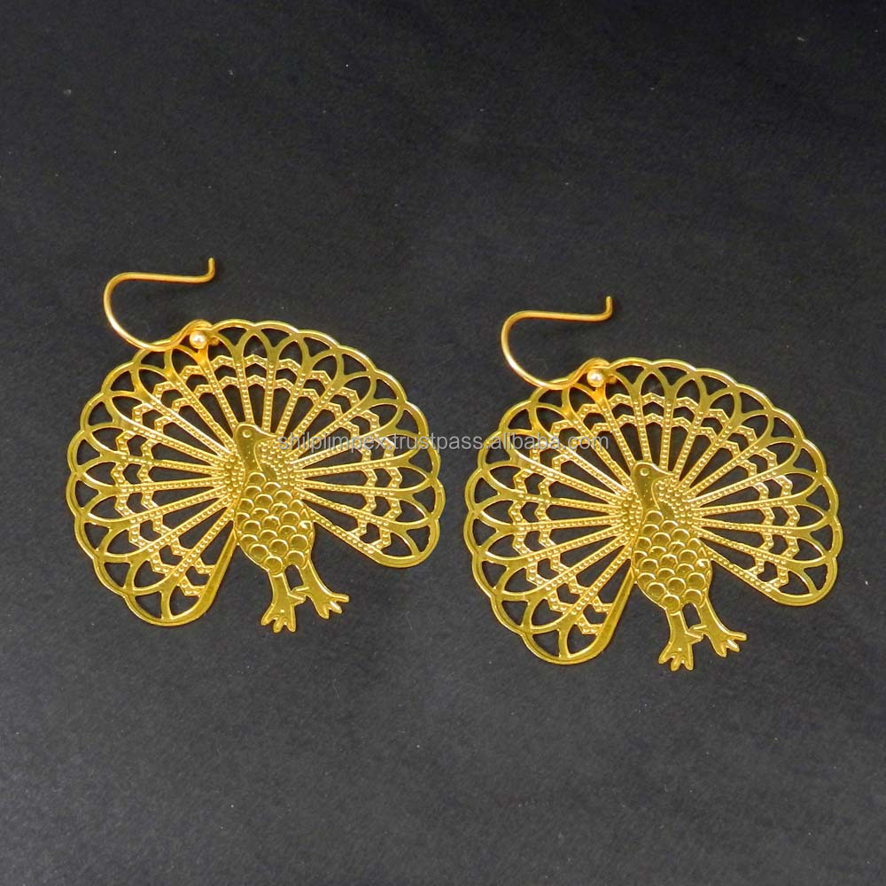 Light Weight Earrings Shilpi Impex Laser Cut Earrings Peacock Shape Earring Handmade Brass Earrings Dangle Earrings 18 Carat Gold Plated Earring Chinese Magenta Color Glass Beads Earring
