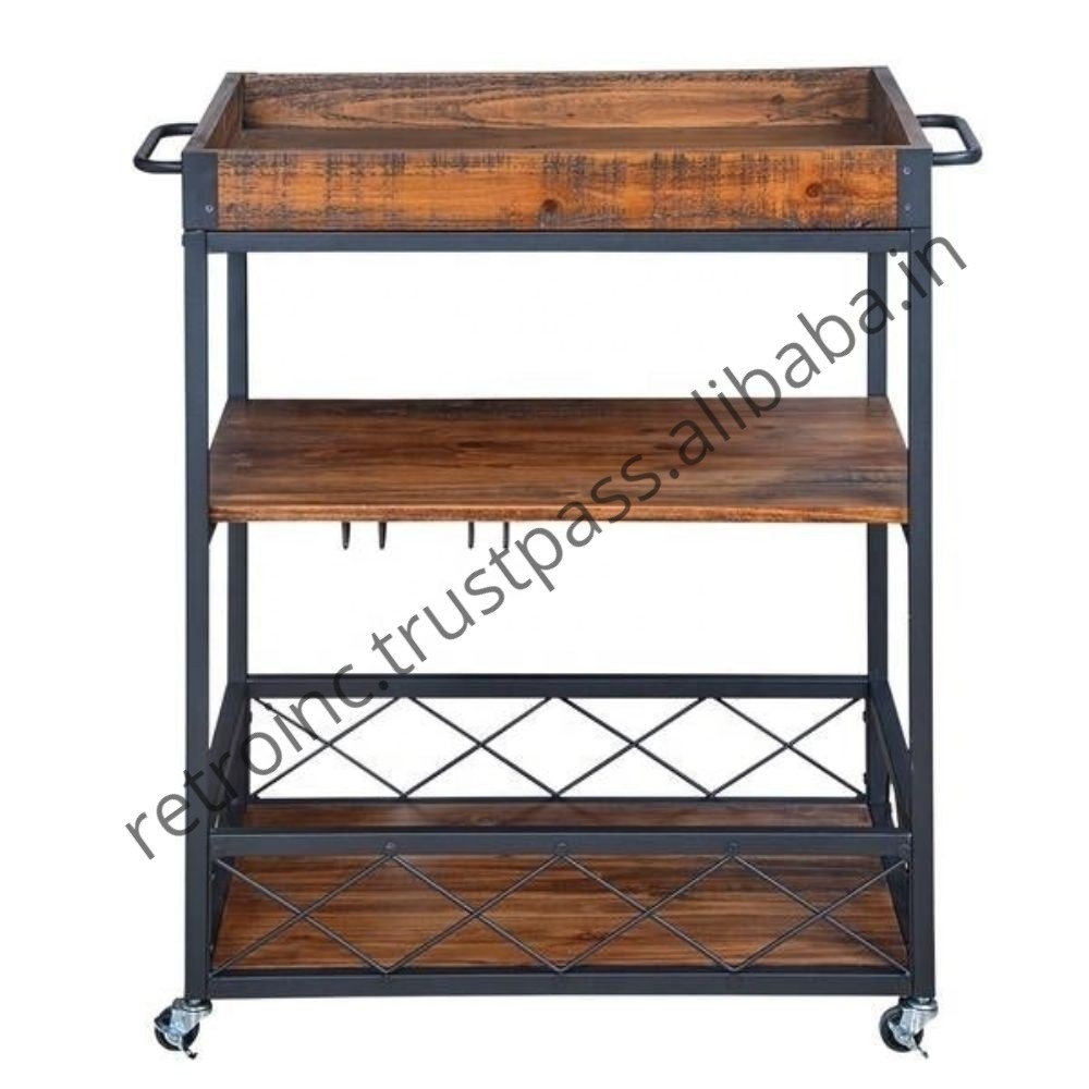 Industrial & Vintage Bar Cart Jodhpur Antique Style Bar Cart Rustic Finish Industrial Bar Cart Kitchen Trolley on Wheels