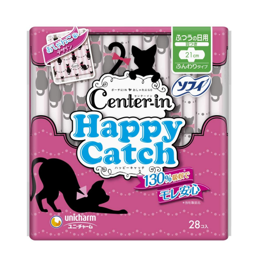 Центр в Happy Catch, обычный Ежедневник с крыльями, 21 см, 28 листов [санитарная салфетка] Unicharm, японские женщины, сделано в Японии