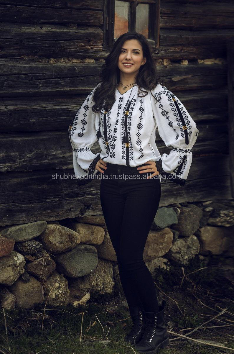 トップス antique Rumania blouse Vintage Embroidered Silk Romanian Blouse: Xs-small Folk Top