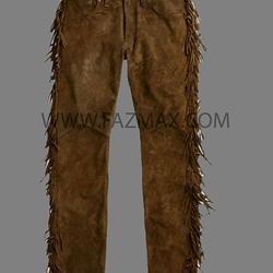 Brown dos homens CALÇA DE COURO de Camurça COM FRANJA Estilo Cowboy Ocidental do Nativo Americano