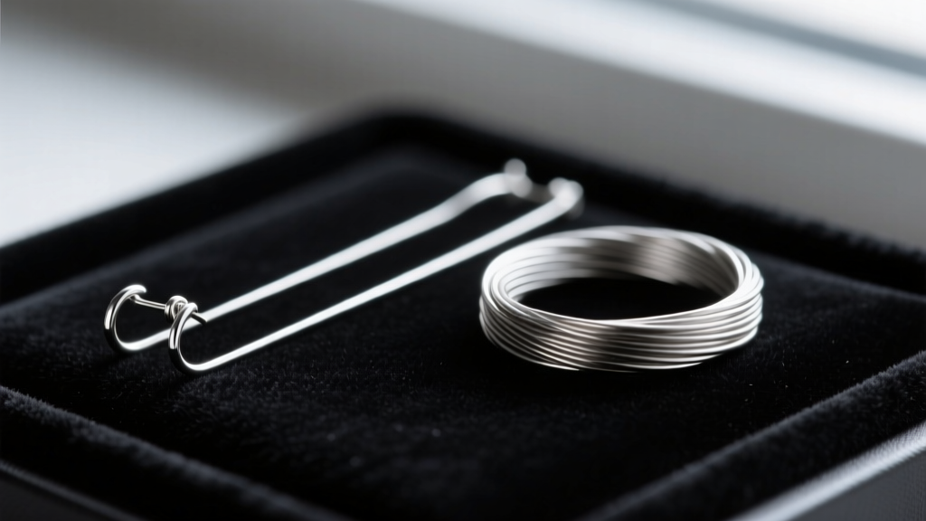 Macro shot comparing a thin 20-gauge earring wire with a thicker 16-gauge titanium wire on a dark velvet jewelry display pad.