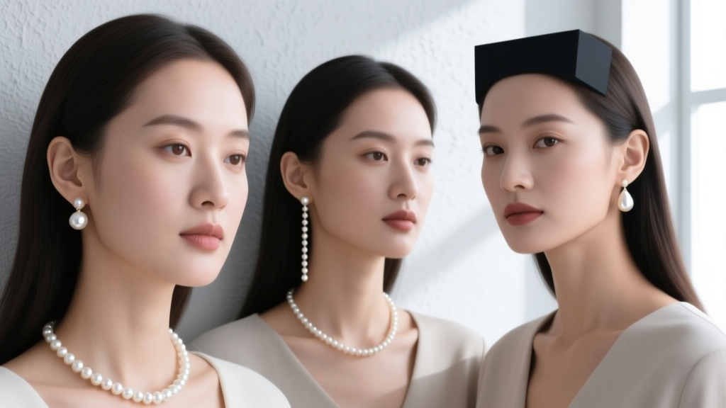 Three women with different face shapes wearing pearl drops, showing how varying lengths balance and highlight the jawline.