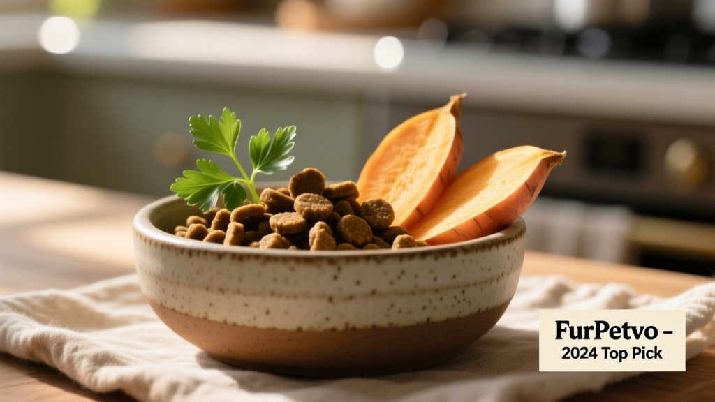Close-up of FurPetVo kibble in a ceramic bowl beside a sprig of parsley and sliced sweet potato, highlighting natural ingredients
