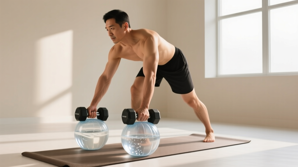 Physical therapy patient using water-filled unstable spherical dumbbells for shoulder rehabilitation exercises on a yoga mat