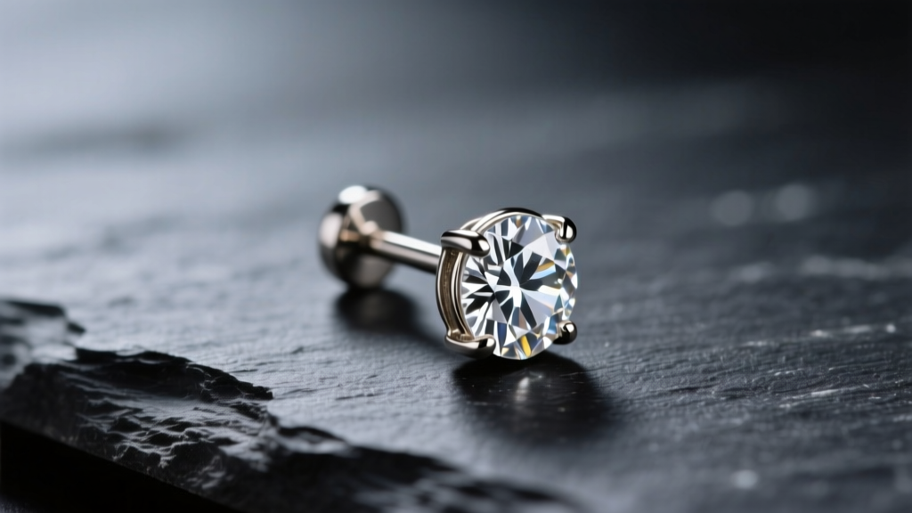 Macro shot of a 5mm bezel-set diamond stud earring on dark slate, lit by soft studio lighting to highlight the polished metal post