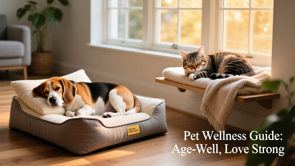 Side-by-side photos: a senior beagle resting comfortably on a supportive orthopedic bed, and a senior cat lounging in a heated window perch with soft blankets