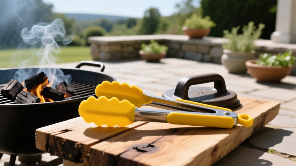 Vibrant mustard yellow silicone-tipped BBQ tongs and a cast iron grill press resting on a rustic cedar plank next to a smoking charcoal grill