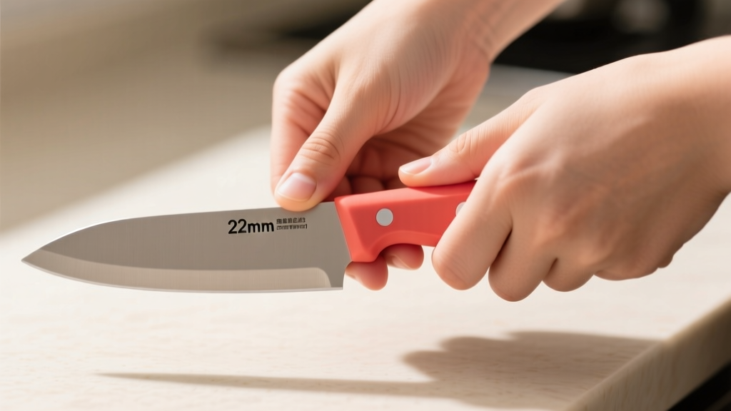 Small hands gripping ergonomic 22mm diameter nylon kitchen knife handle demonstrating proper finger placement away from blade edge