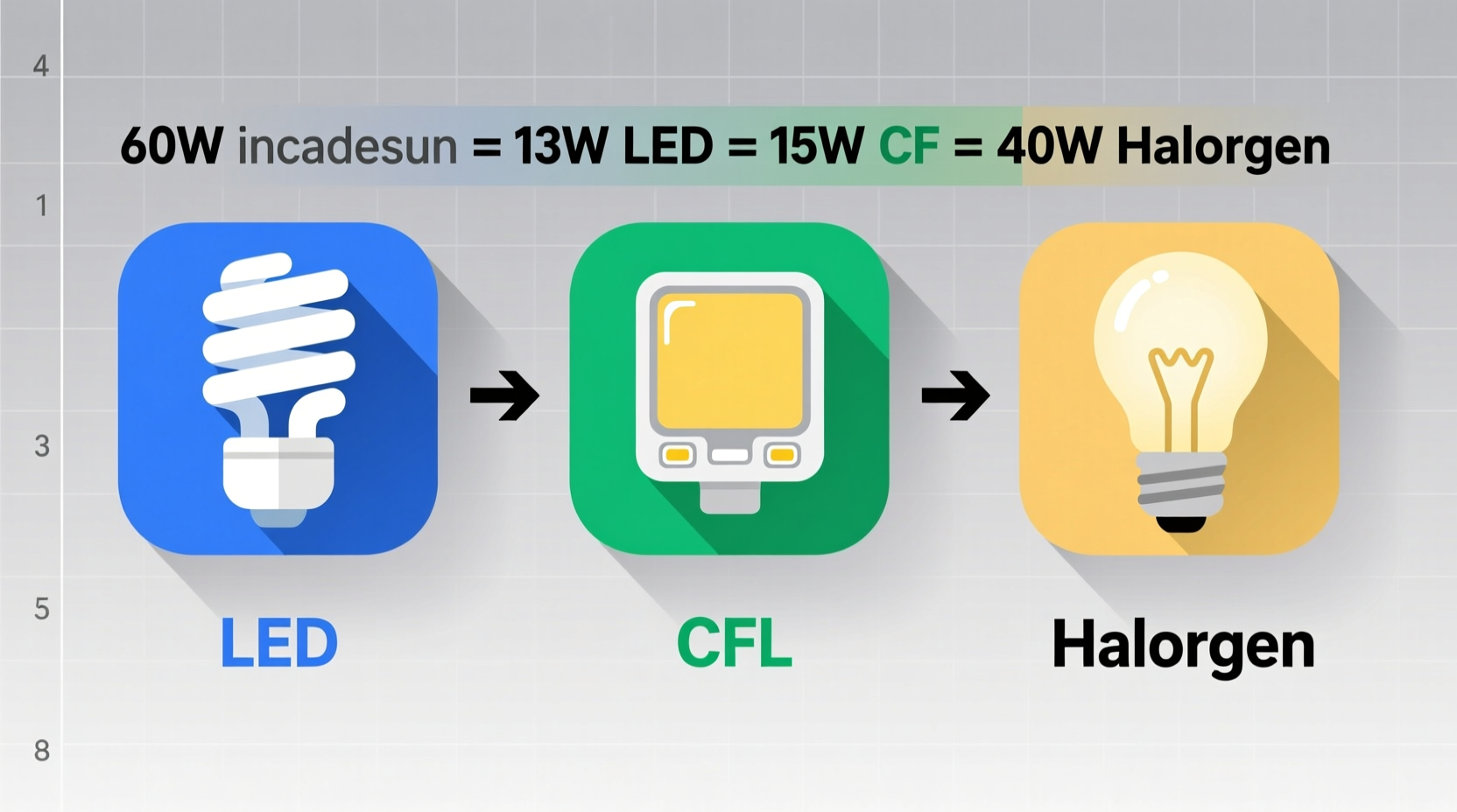 find the equivalent wattage of cfl led and halogen bu