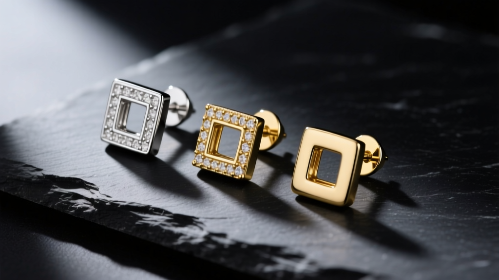Macro shot of single stud earrings in sterling silver, gold vermeil, and solid 14k gold, arranged neatly on a dark slate surface.