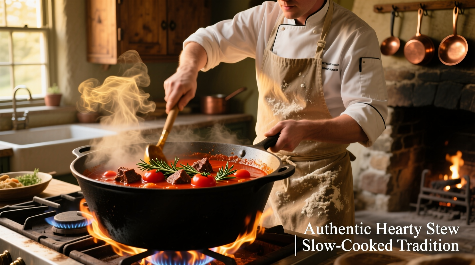 Chef preparing beef and tomato stew in cast iron pot