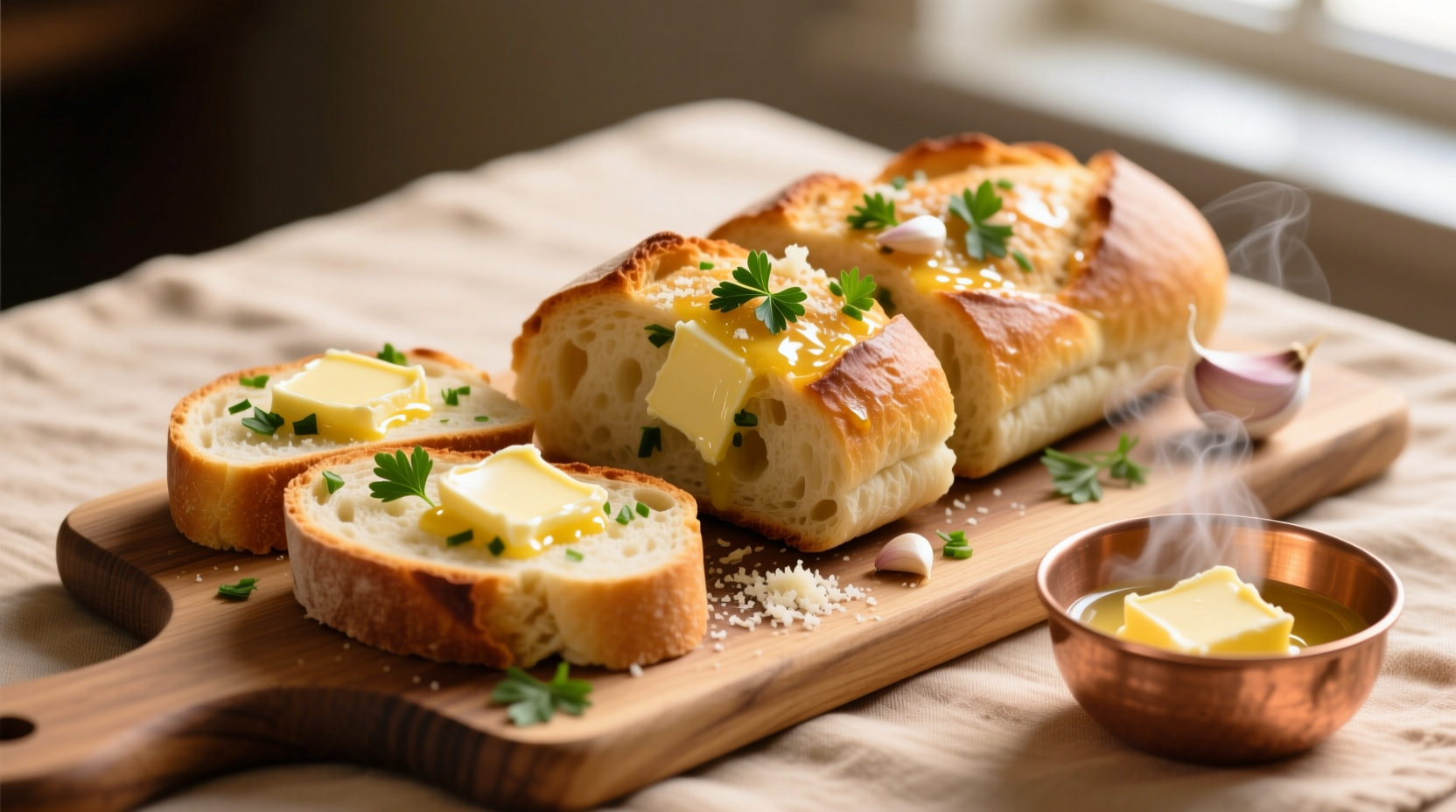 Aldi garlic bread sliced with melted butter and herbs