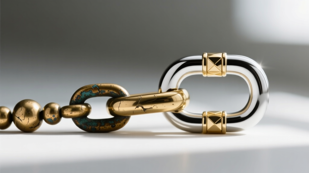 Macro shot comparing a tarnished brass 2mm bead chain connector bar next to a polished 14k white gold reinforced dumbbell link.