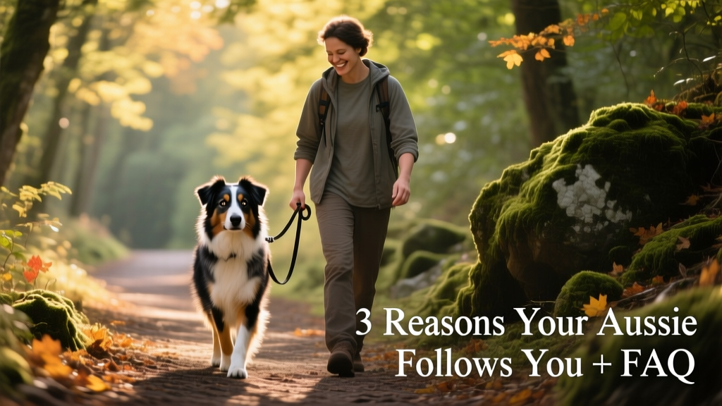 Australian Shepherd walking calmly beside its owner on a forest trail, leash loose, both focused and relaxed