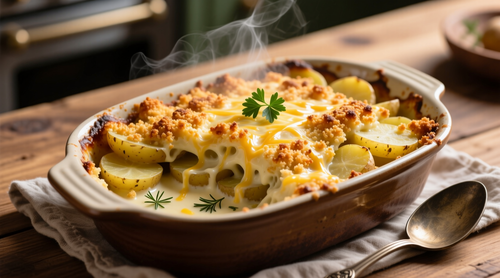 Golden brown potato casserole with crispy topping