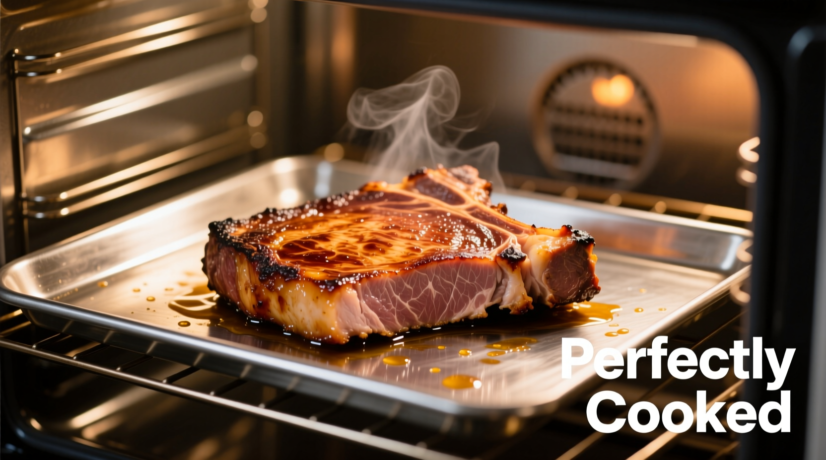 Perfectly cooked pork steaks on baking sheet in oven