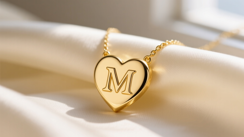 Close-up of a delicate 14k solid yellow gold initial heart necklace resting on cream silk fabric, featuring a serif letter M.