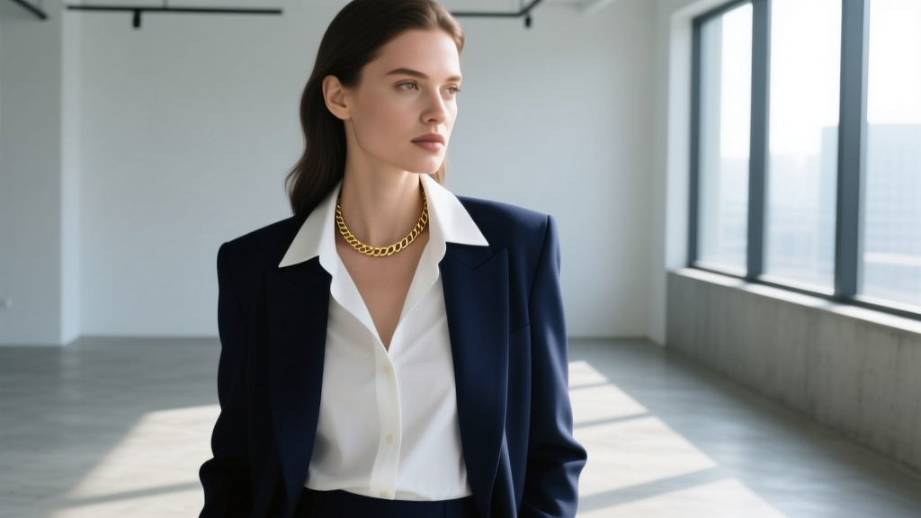 Woman in a dark navy blazer and crisp white shirt wearing a simple 16-inch gold chain necklace, looking thoughtfully off-camera.