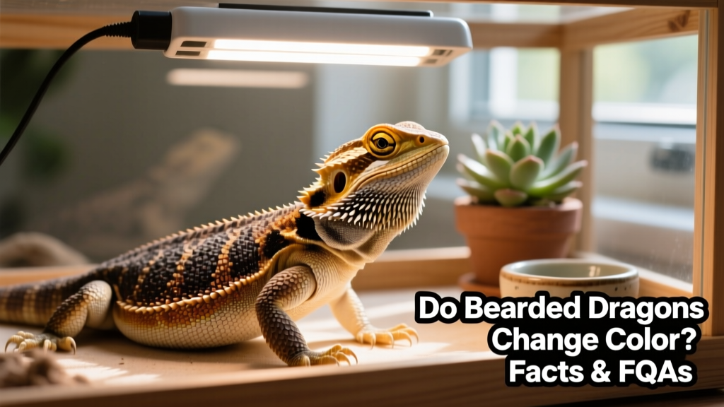 Bearded dragon basking under a UVB lamp with visible contrast between warm, darkened back and lighter belly