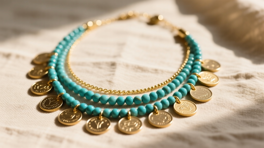 A flat lay of a Free People layered necklace set featuring gold-dipped brass coins and turquoise beads on a linen background.