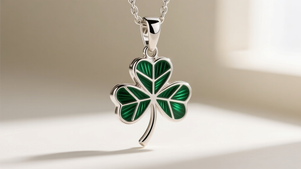 Macro shot of a sterling silver shamrock pendant featuring deep green guilloché enamel and a secure lobster clasp mechanism.