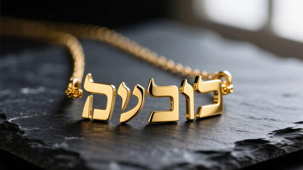 Macro shot of a polished 14k yellow gold Hebrew name necklace on dark slate, highlighting precise laser-cut letter edges
