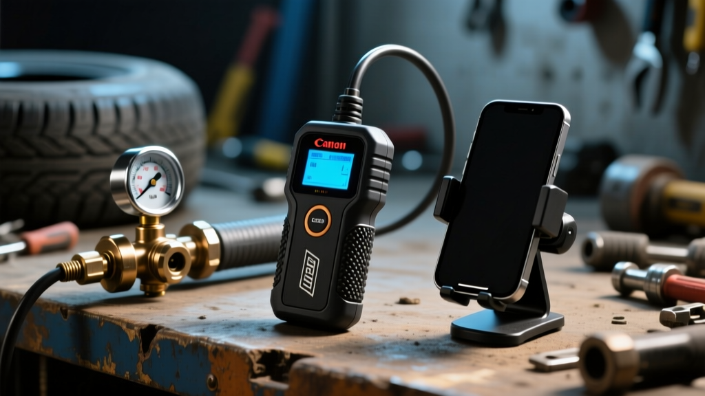 Close-up of a rugged OBD2 scanner, a heavy-duty tire inflator, and a phone mount resting on a dusty garage workbench under harsh lighting.