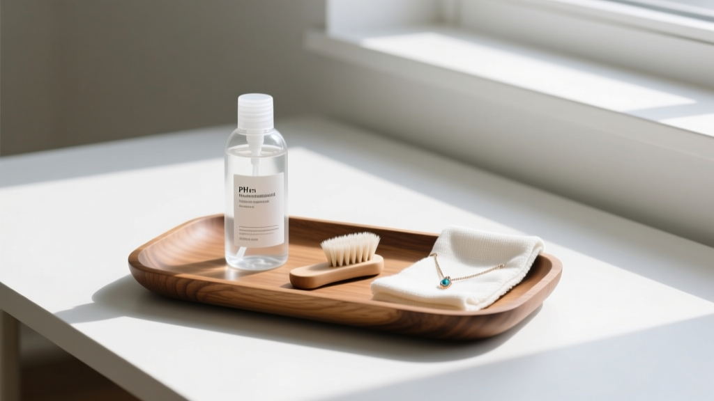 Wooden tray displaying a pH-neutral jewelry cleaner bottle, a soft nylon brush, and a treated microfiber cloth on a white desk.