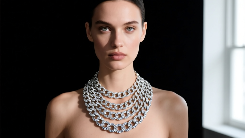 Model wearing layered 5mm and 10mm iced out Cuban link chain necklace with brilliant moissanite stones against a dark backdrop