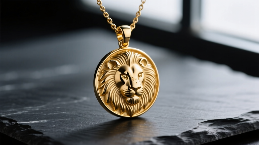 Close-up of a 1980s gold-tone vintage Anne Klein necklace featuring a textured lion medallion pendant resting on dark slate.