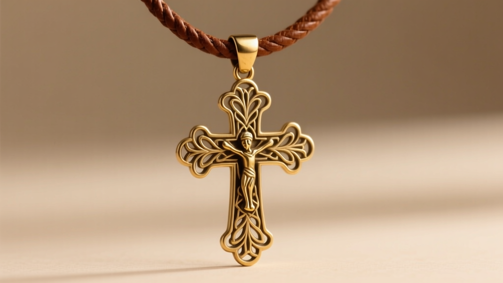 Brass Ethiopian Coptic cross necklace on a leather cord, showing intricate filigree details against a softly lit background.