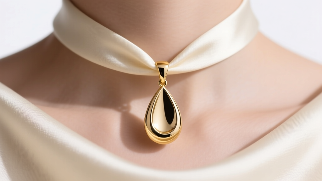 Close-up of a teardrop 14k gold pendant on a cream silk boat neckline, highlighting the vertical drop and polished metal texture.