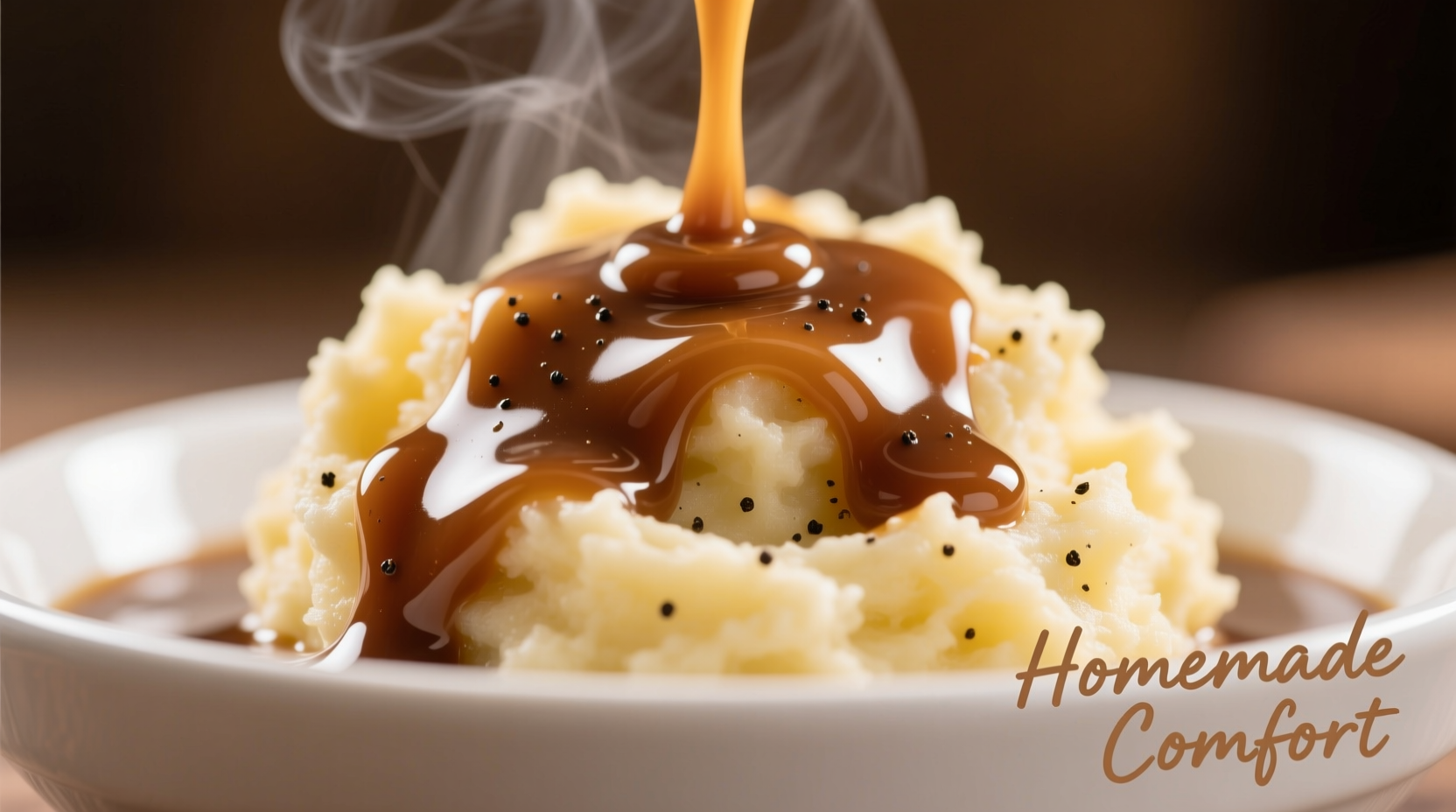 Smooth brown gravy being poured over creamy mashed potatoes