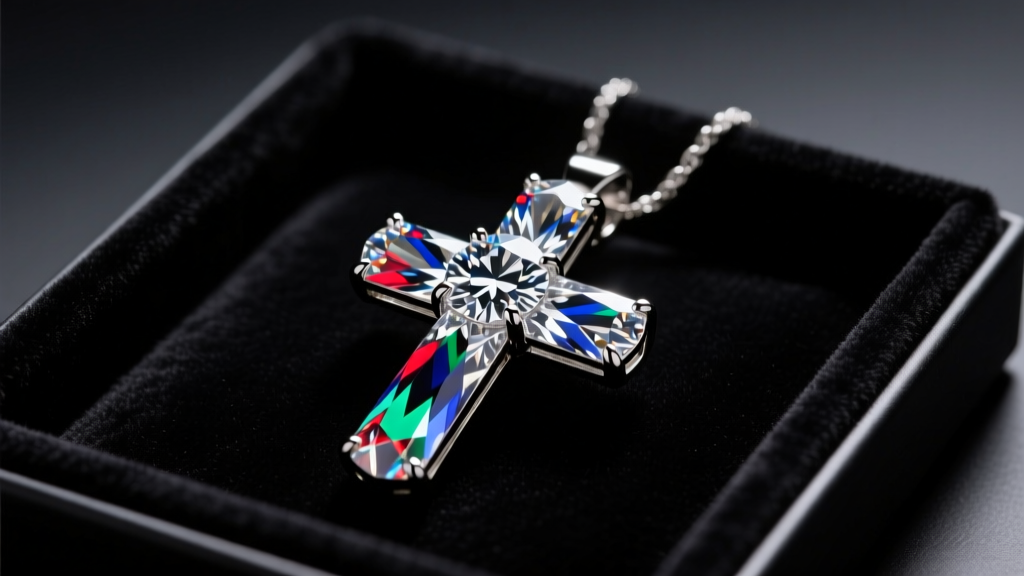 Large five-carat diamond cross pendant on dark velvet tray, illuminated by focused studio lighting showing facets