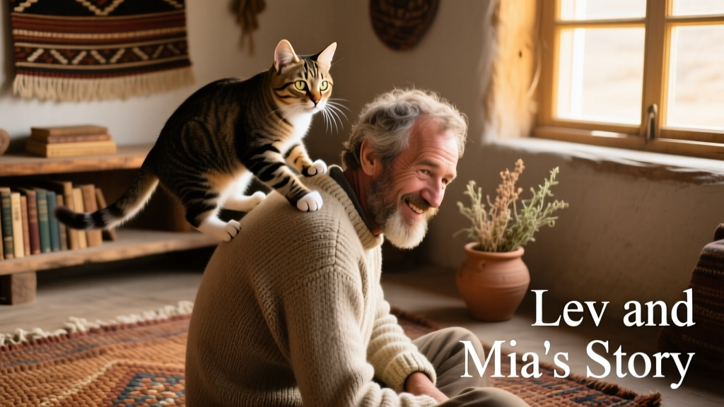 A curious cat climbing playfully onto Lev’s back as he sits on a rug